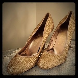 Ferragamo Sequin Gold Pumps